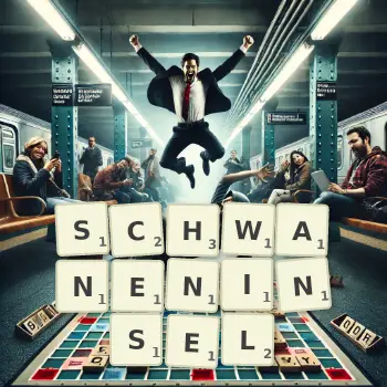 Kreative Illustration für ein Scrabble-Spiel, bei dem das Wort SCHWANENINSEL mit Steinen auf dem Brett gelegt wurde.