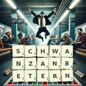 Kreative Illustration für ein Scrabble-Spiel, bei dem das Wort SCHWANZANBETERN mit Steinen auf dem Brett gelegt wurde.