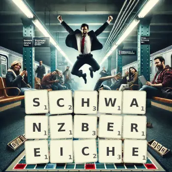 Kreative Illustration für ein Scrabble-Spiel, bei dem das Wort SCHWANZBEREICHE mit Steinen auf dem Brett gelegt wurde.