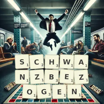 Kreative Illustration für ein Scrabble-Spiel, bei dem das Wort SCHWANZBEZOGEN mit Steinen auf dem Brett gelegt wurde.
