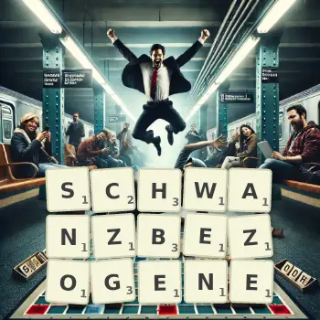 Kreative Illustration für ein Scrabble-Spiel, bei dem das Wort SCHWANZBEZOGENE mit Steinen auf dem Brett gelegt wurde.