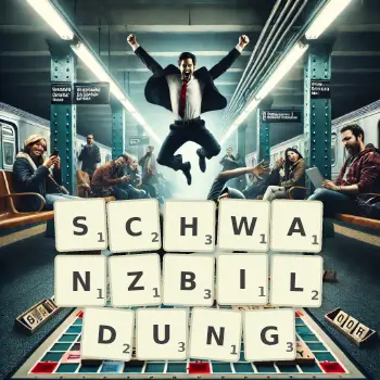 Kreative Illustration für ein Scrabble-Spiel, bei dem das Wort SCHWANZBILDUNG mit Steinen auf dem Brett gelegt wurde.