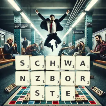Kreative Illustration für ein Scrabble-Spiel, bei dem das Wort SCHWANZBORSTE mit Steinen auf dem Brett gelegt wurde.