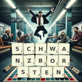 Kreative Illustration für ein Scrabble-Spiel, bei dem das Wort SCHWANZBORSTEN mit Steinen auf dem Brett gelegt wurde.