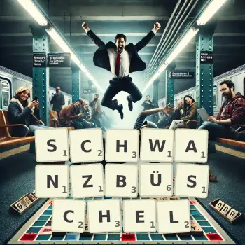 Kreative Illustration für ein Scrabble-Spiel, bei dem das Wort SCHWANZBÜSCHEL mit Steinen auf dem Brett gelegt wurde.