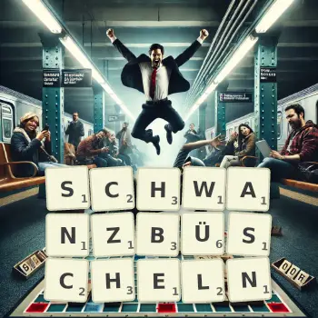 Kreative Illustration für ein Scrabble-Spiel, bei dem das Wort SCHWANZBÜSCHELN mit Steinen auf dem Brett gelegt wurde.