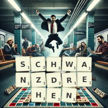 Kreative Illustration für ein Scrabble-Spiel, bei dem das Wort SCHWANZDREHEN mit Steinen auf dem Brett gelegt wurde.