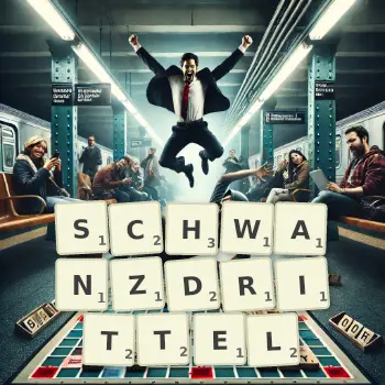 Kreative Illustration für ein Scrabble-Spiel, bei dem das Wort SCHWANZDRITTEL mit Steinen auf dem Brett gelegt wurde.