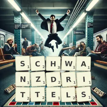 Kreative Illustration für ein Scrabble-Spiel, bei dem das Wort SCHWANZDRITTELS mit Steinen auf dem Brett gelegt wurde.