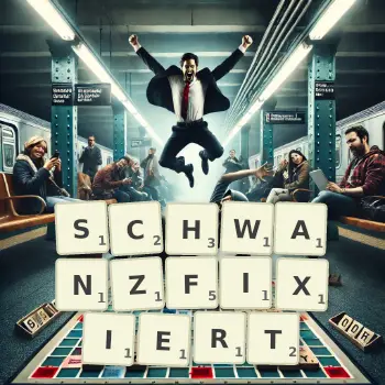 Kreative Illustration für ein Scrabble-Spiel, bei dem das Wort SCHWANZFIXIERT mit Steinen auf dem Brett gelegt wurde.