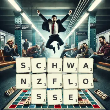 Kreative Illustration für ein Scrabble-Spiel, bei dem das Wort SCHWANZFLOSSE mit Steinen auf dem Brett gelegt wurde.