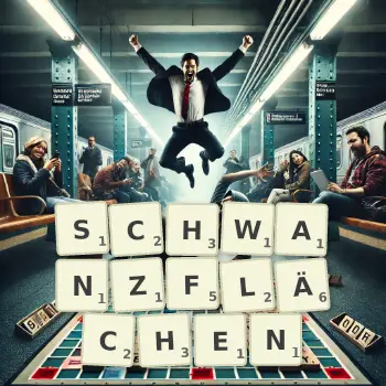 Kreative Illustration für ein Scrabble-Spiel, bei dem das Wort SCHWANZFLÄCHEN mit Steinen auf dem Brett gelegt wurde.