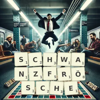 Kreative Illustration für ein Scrabble-Spiel, bei dem das Wort SCHWANZFRÖSCHE mit Steinen auf dem Brett gelegt wurde.