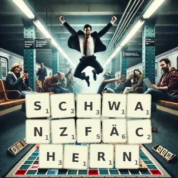 Kreative Illustration für ein Scrabble-Spiel, bei dem das Wort SCHWANZFÄCHERN mit Steinen auf dem Brett gelegt wurde.