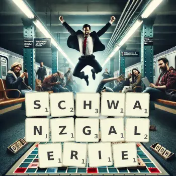 Kreative Illustration für ein Scrabble-Spiel, bei dem das Wort SCHWANZGALERIE mit Steinen auf dem Brett gelegt wurde.