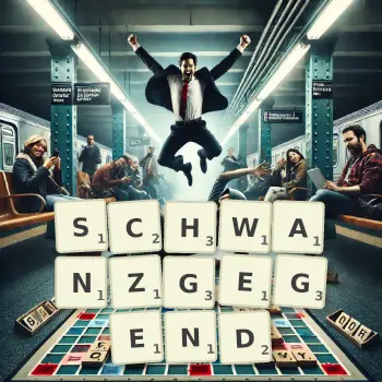 Kreative Illustration für ein Scrabble-Spiel, bei dem das Wort SCHWANZGEGEND mit Steinen auf dem Brett gelegt wurde.