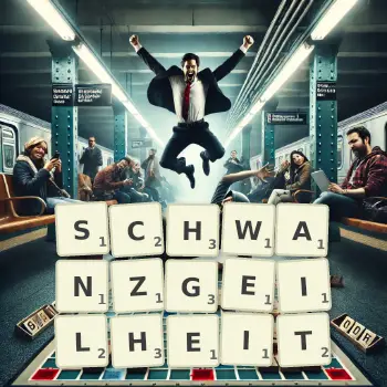Kreative Illustration für ein Scrabble-Spiel, bei dem das Wort SCHWANZGEILHEIT mit Steinen auf dem Brett gelegt wurde.