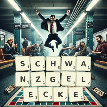 Kreative Illustration für ein Scrabble-Spiel, bei dem das Wort SCHWANZGELECKE mit Steinen auf dem Brett gelegt wurde.