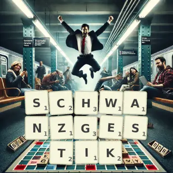 Kreative Illustration für ein Scrabble-Spiel, bei dem das Wort SCHWANZGESTIK mit Steinen auf dem Brett gelegt wurde.
