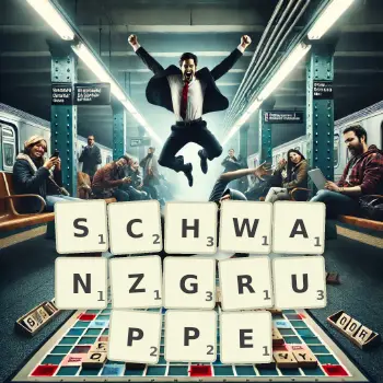 Kreative Illustration für ein Scrabble-Spiel, bei dem das Wort SCHWANZGRUPPE mit Steinen auf dem Brett gelegt wurde.
