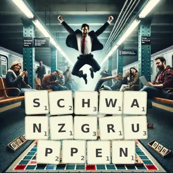 Kreative Illustration für ein Scrabble-Spiel, bei dem das Wort SCHWANZGRUPPEN mit Steinen auf dem Brett gelegt wurde.
