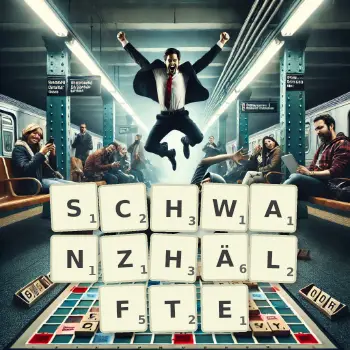 Kreative Illustration für ein Scrabble-Spiel, bei dem das Wort SCHWANZHÄLFTE mit Steinen auf dem Brett gelegt wurde.