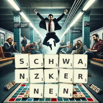 Kreative Illustration für ein Scrabble-Spiel, bei dem das Wort SCHWANZKERNEN mit Steinen auf dem Brett gelegt wurde.