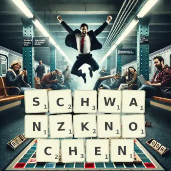 Kreative Illustration für ein Scrabble-Spiel, bei dem das Wort SCHWANZKNOCHEN mit Steinen auf dem Brett gelegt wurde.