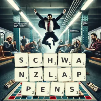 Kreative Illustration für ein Scrabble-Spiel, bei dem das Wort SCHWANZLAPPENS mit Steinen auf dem Brett gelegt wurde.