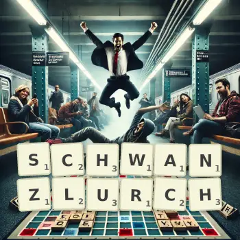 Kreative Illustration für ein Scrabble-Spiel, bei dem das Wort SCHWANZLURCH mit Steinen auf dem Brett gelegt wurde.