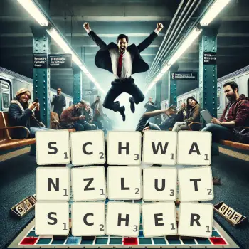 Kreative Illustration für ein Scrabble-Spiel, bei dem das Wort SCHWANZLUTSCHER mit Steinen auf dem Brett gelegt wurde.