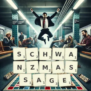 Kreative Illustration für ein Scrabble-Spiel, bei dem das Wort SCHWANZMASSAGE mit Steinen auf dem Brett gelegt wurde.