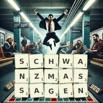Kreative Illustration für ein Scrabble-Spiel, bei dem das Wort SCHWANZMASSAGEN mit Steinen auf dem Brett gelegt wurde.