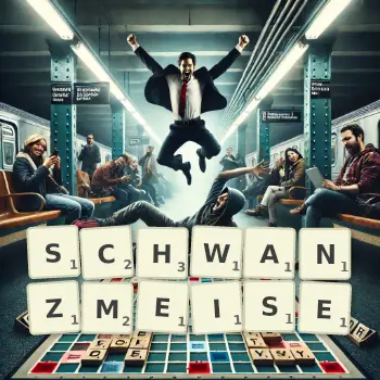 Kreative Illustration für ein Scrabble-Spiel, bei dem das Wort SCHWANZMEISE mit Steinen auf dem Brett gelegt wurde.