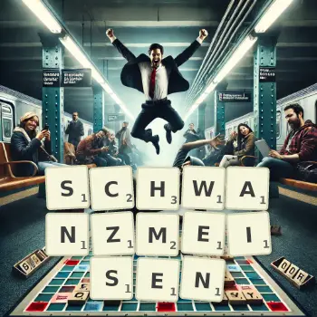 Kreative Illustration für ein Scrabble-Spiel, bei dem das Wort SCHWANZMEISEN mit Steinen auf dem Brett gelegt wurde.