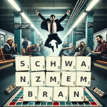 Kreative Illustration für ein Scrabble-Spiel, bei dem das Wort SCHWANZMEMBRAN mit Steinen auf dem Brett gelegt wurde.