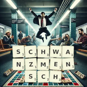 Kreative Illustration für ein Scrabble-Spiel, bei dem das Wort SCHWANZMENSCH mit Steinen auf dem Brett gelegt wurde.