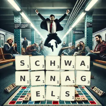 Kreative Illustration für ein Scrabble-Spiel, bei dem das Wort SCHWANZNAGELS mit Steinen auf dem Brett gelegt wurde.