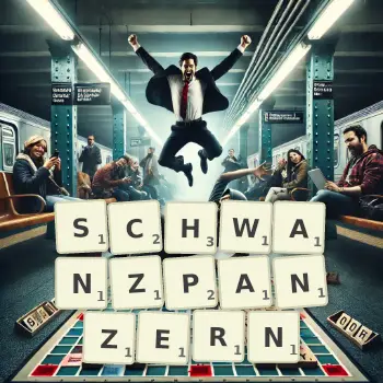 Kreative Illustration für ein Scrabble-Spiel, bei dem das Wort SCHWANZPANZERN mit Steinen auf dem Brett gelegt wurde.