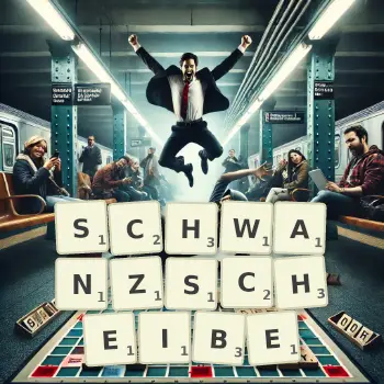 Kreative Illustration für ein Scrabble-Spiel, bei dem das Wort SCHWANZSCHEIBE mit Steinen auf dem Brett gelegt wurde.