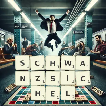 Kreative Illustration für ein Scrabble-Spiel, bei dem das Wort SCHWANZSICHEL mit Steinen auf dem Brett gelegt wurde.