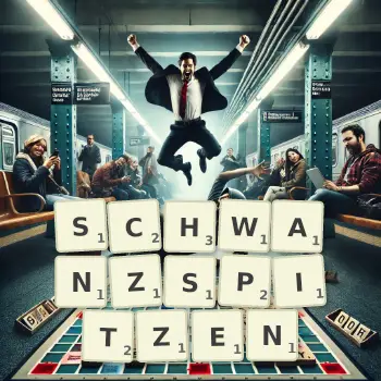 Kreative Illustration für ein Scrabble-Spiel, bei dem das Wort SCHWANZSPITZEN mit Steinen auf dem Brett gelegt wurde.