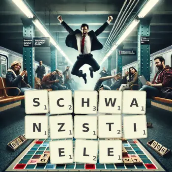 Kreative Illustration für ein Scrabble-Spiel, bei dem das Wort SCHWANZSTIELE mit Steinen auf dem Brett gelegt wurde.