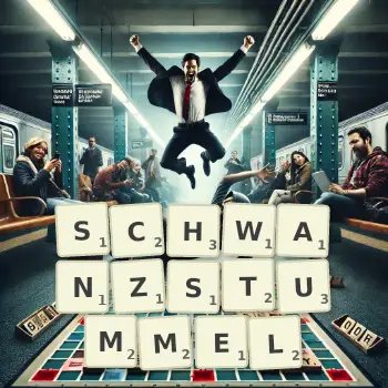 Kreative Illustration für ein Scrabble-Spiel, bei dem das Wort SCHWANZSTUMMEL mit Steinen auf dem Brett gelegt wurde.