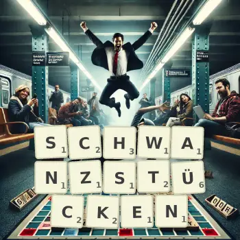 Kreative Illustration für ein Scrabble-Spiel, bei dem das Wort SCHWANZSTÜCKEN mit Steinen auf dem Brett gelegt wurde.