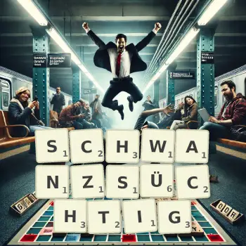 Kreative Illustration für ein Scrabble-Spiel, bei dem das Wort SCHWANZSÜCHTIG mit Steinen auf dem Brett gelegt wurde.