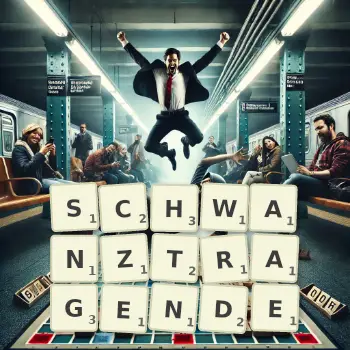 Kreative Illustration für ein Scrabble-Spiel, bei dem das Wort SCHWANZTRAGENDE mit Steinen auf dem Brett gelegt wurde.