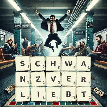 Kreative Illustration für ein Scrabble-Spiel, bei dem das Wort SCHWANZVERLIEBT mit Steinen auf dem Brett gelegt wurde.