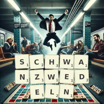 Kreative Illustration für ein Scrabble-Spiel, bei dem das Wort SCHWANZWEDELN mit Steinen auf dem Brett gelegt wurde.