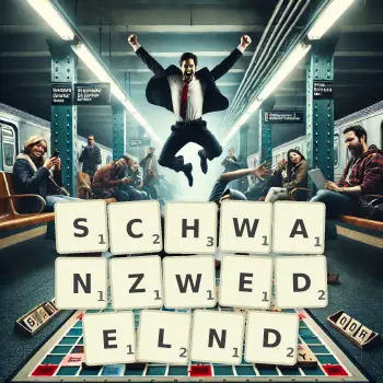 Kreative Illustration für ein Scrabble-Spiel, bei dem das Wort SCHWANZWEDELND mit Steinen auf dem Brett gelegt wurde.
